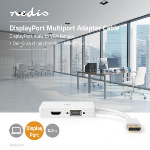 Nedis CCGP37366WT02 Displayport Multipoort-adapterkabel Mini-displayport Male - Vga Female + Dvi-d 24+1-pins Female + Hdmiâ„¢ 2.0 Uitgang 0,2 M Wit Nedis CCGP37366WT02 Displayport Multipoort-adapterkabel Mini-displayport Male - Vga Female + Dvi-d 24+1-pins Female + Hdmiâ„¢ 2.0 Uitgang 0,2 M Wit